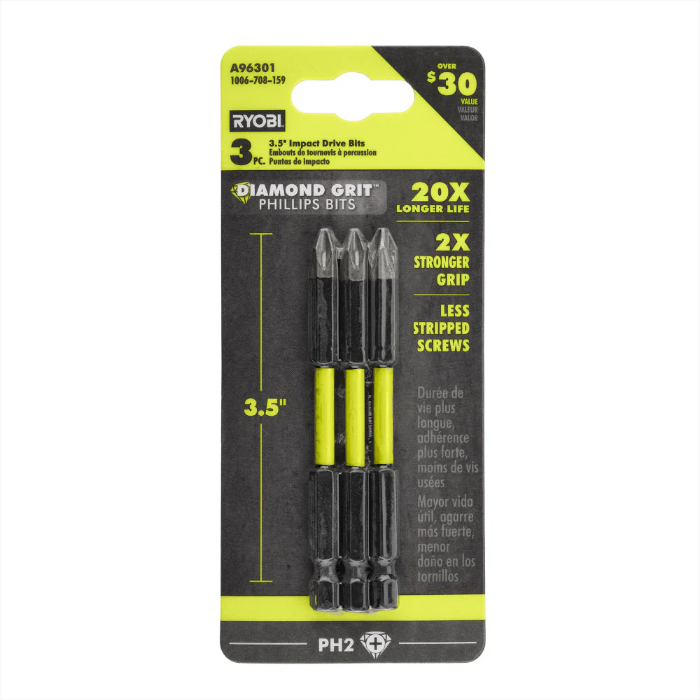 3 PC. 3-1/2" PH2 Diamond Grit Impact Drive Bits