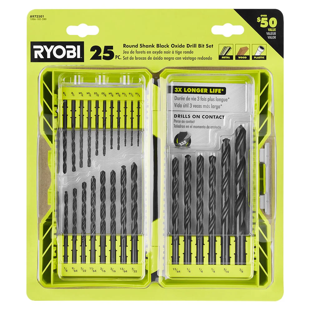 25 PC. Round Shank Black Oxide Drill Bit Set