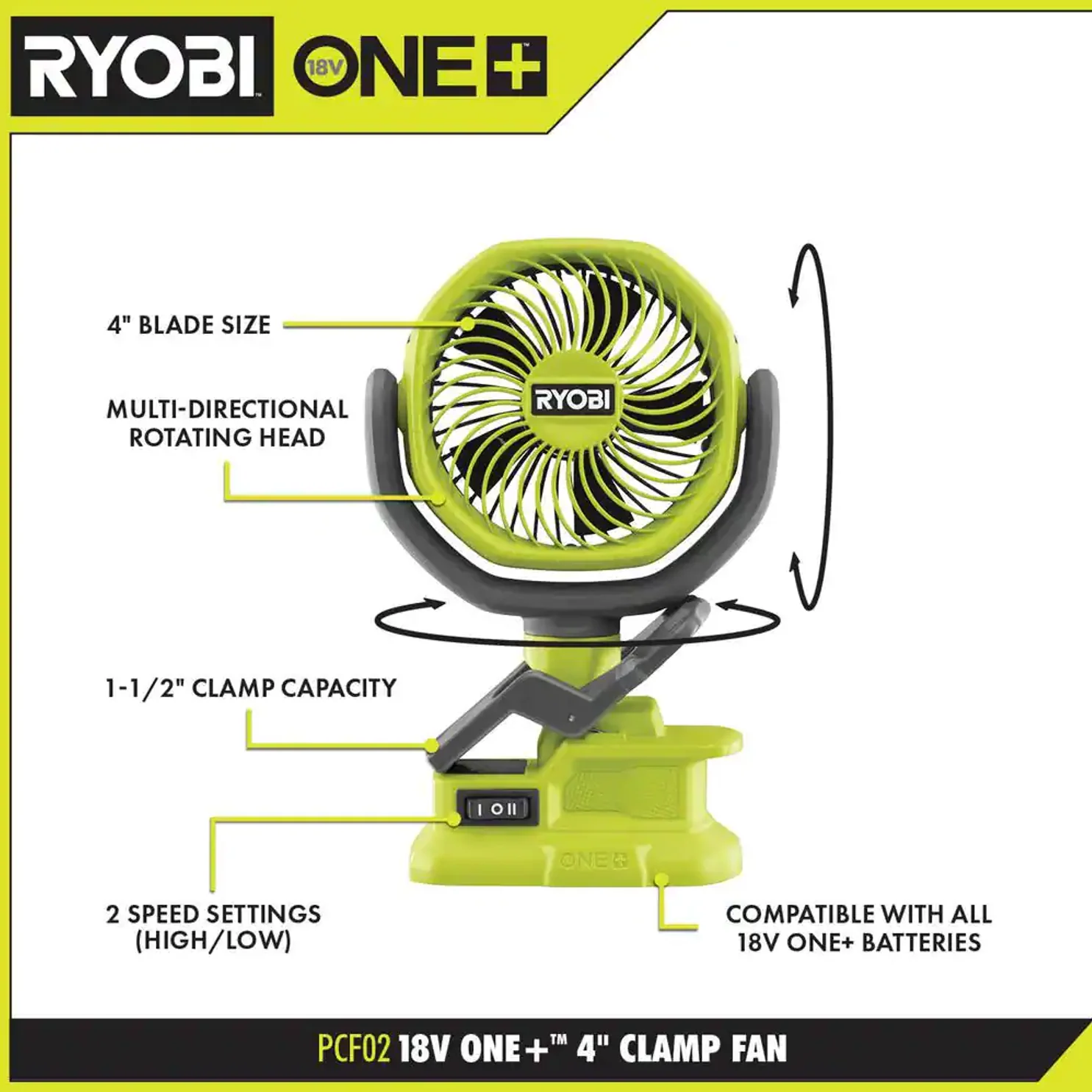 18V ONE+ 4" Clamp Fan - Image 4