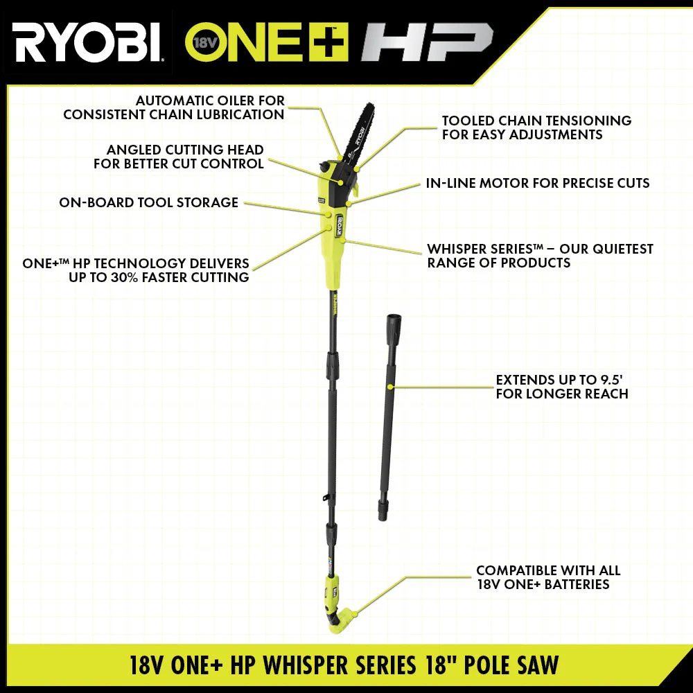 18V ONE+ HP Brushless WHISPER SERIES 8" Pole Saw Kit - Image 6